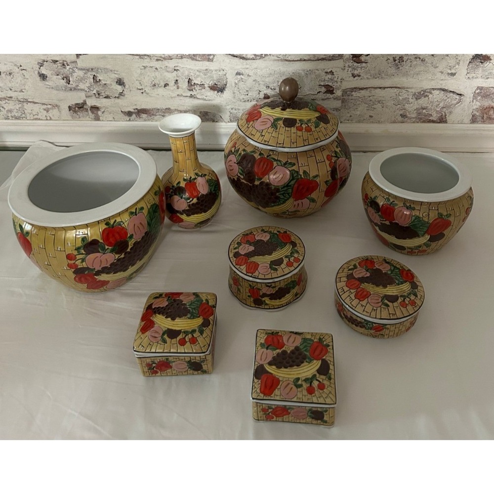 Vintage Chinese Ceramic Decorative Set 8pc Fruit Basket Chinoiserie Qianlong Mar